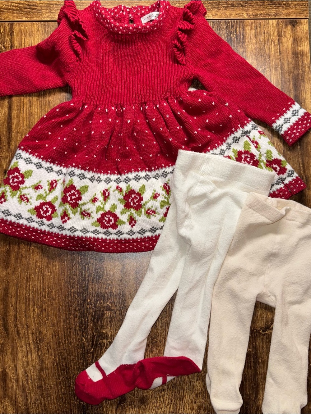 Red Floral Knit Baby Dress with 2 Tights 3-6m